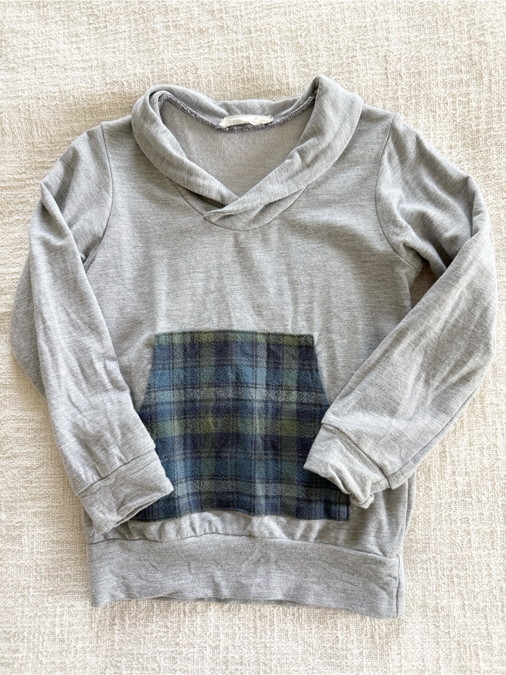 Thimble Collection 2T Grey Hooded Pullover with Plaid Pocket